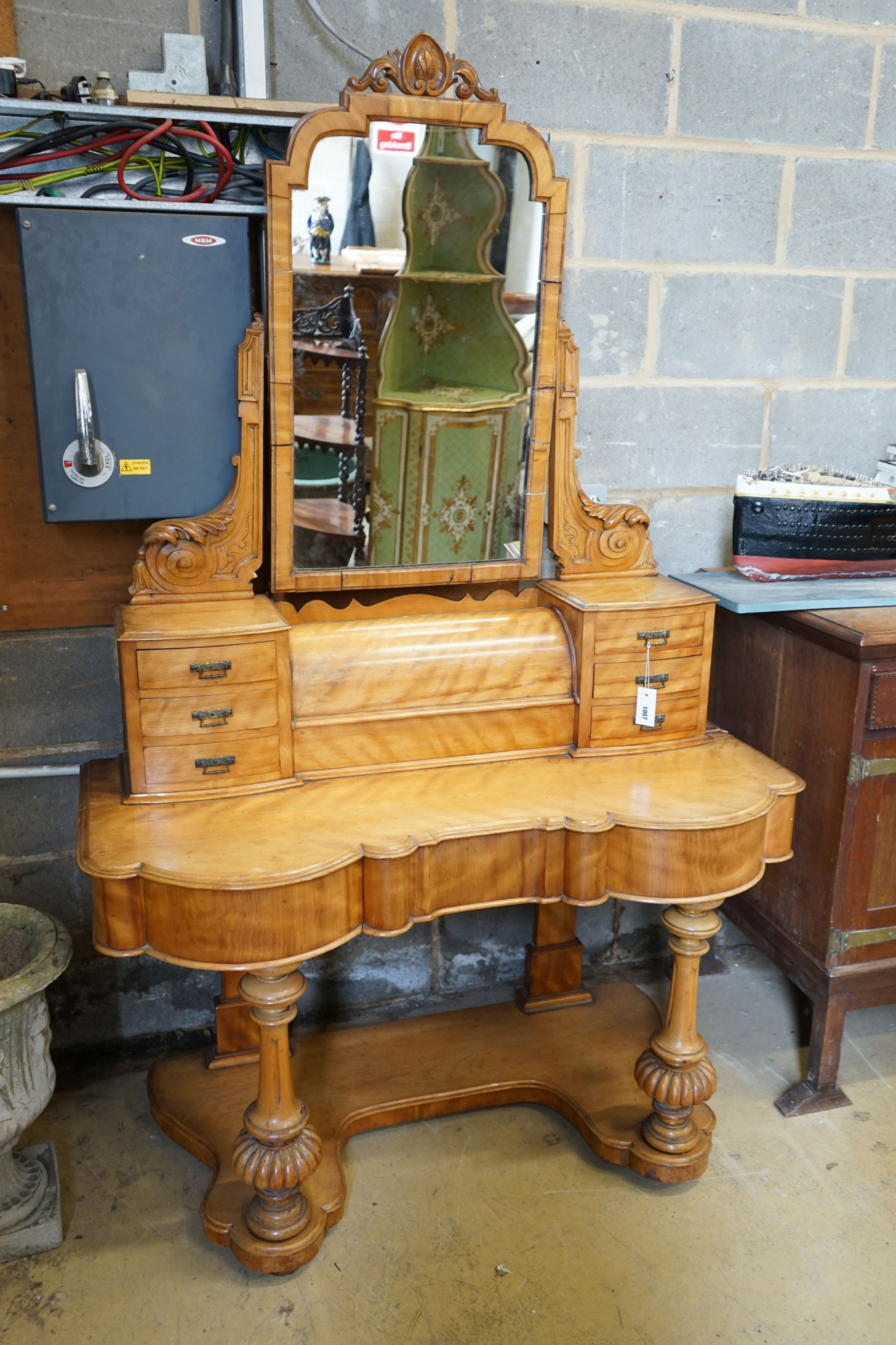 A Victorian satin birch duchess dressing table, width 122cm, depth 55cm, height 195cm